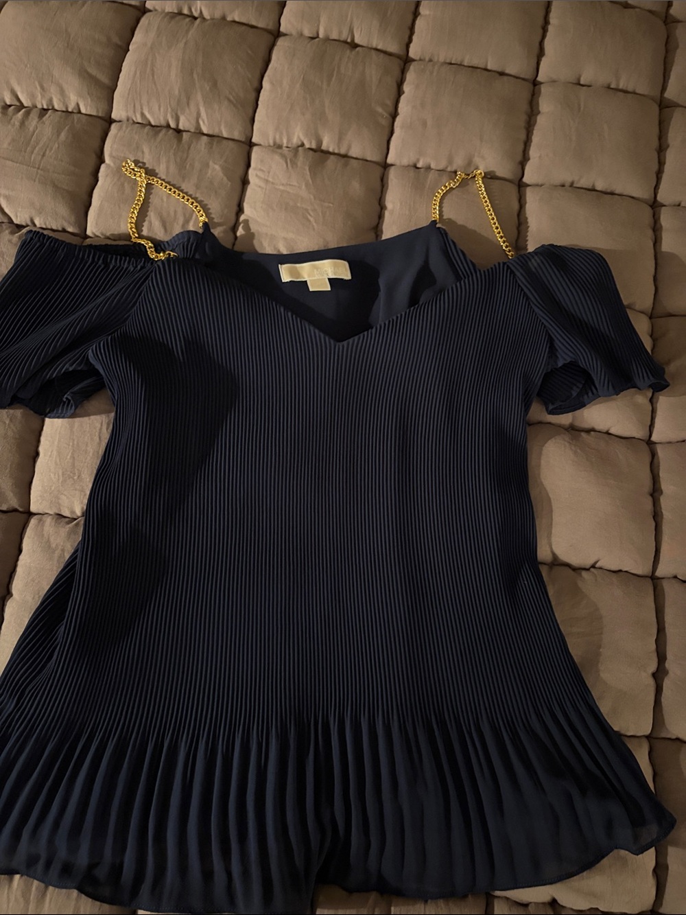MICHAEL Michael Kors Navy Pleated Off-Shoulder Top with Gold Chain Straps